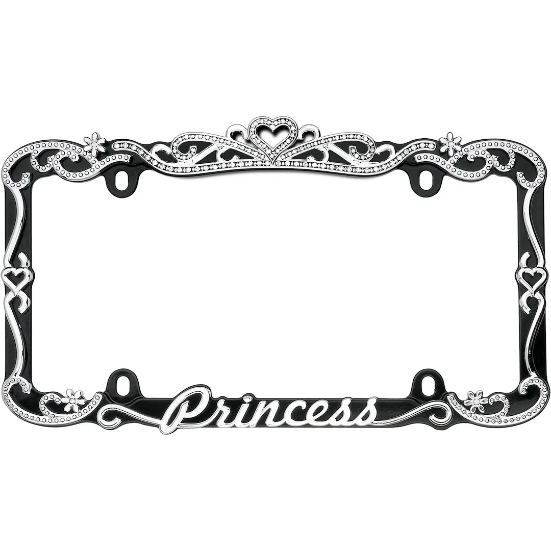 22635 – CRUISER License Plate Frame, Princess Lettering With Faceted Crystal Lined Tiara Design Powder Coated Chrome/...